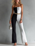 Chic Elegant Black-White Colorblock Strapless Sleeveless Belted Tailored-Waist Slim-Fit Ribed Knit Flared Jumpsuit