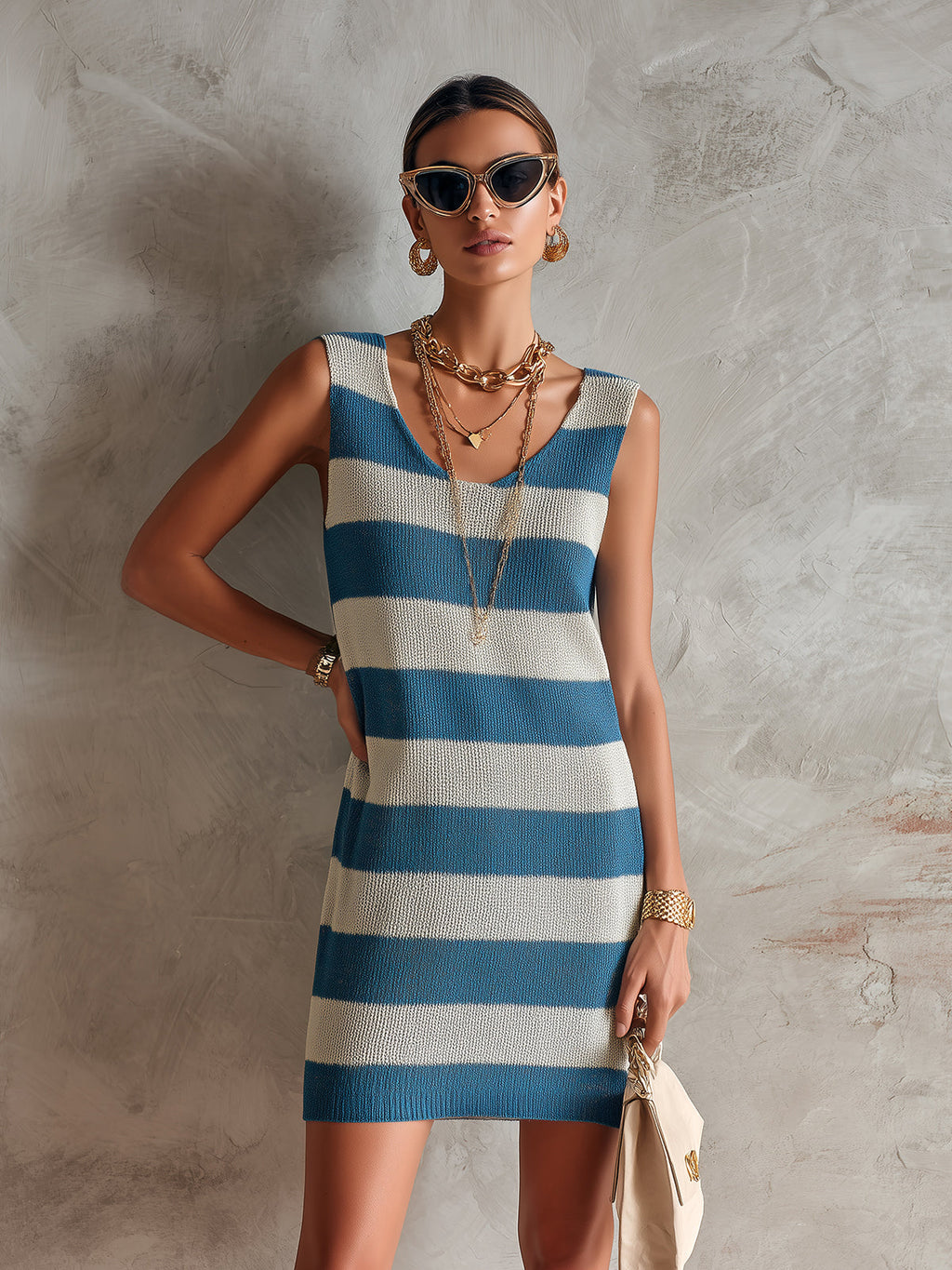 Chic Elegant Blue-White Stripes U-Neck Sleeveless Loose-Fit A-Line Knit Mini Dress