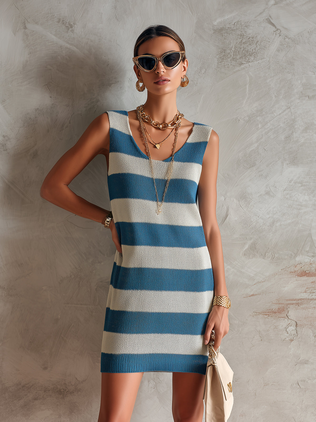 Chic Elegant Blue-White Stripes U-Neck Sleeveless Loose-Fit A-Line Knit Mini Dress
