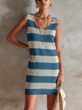 Chic Elegant Blue-White Stripes U-Neck Sleeveless Loose-Fit A-Line Knit Mini Dress