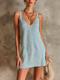 Chic Elegant Blue-White Pinstripes V-Neck Sleeveless Loose-Fit A-Line Ribbed Knit Mini Dress