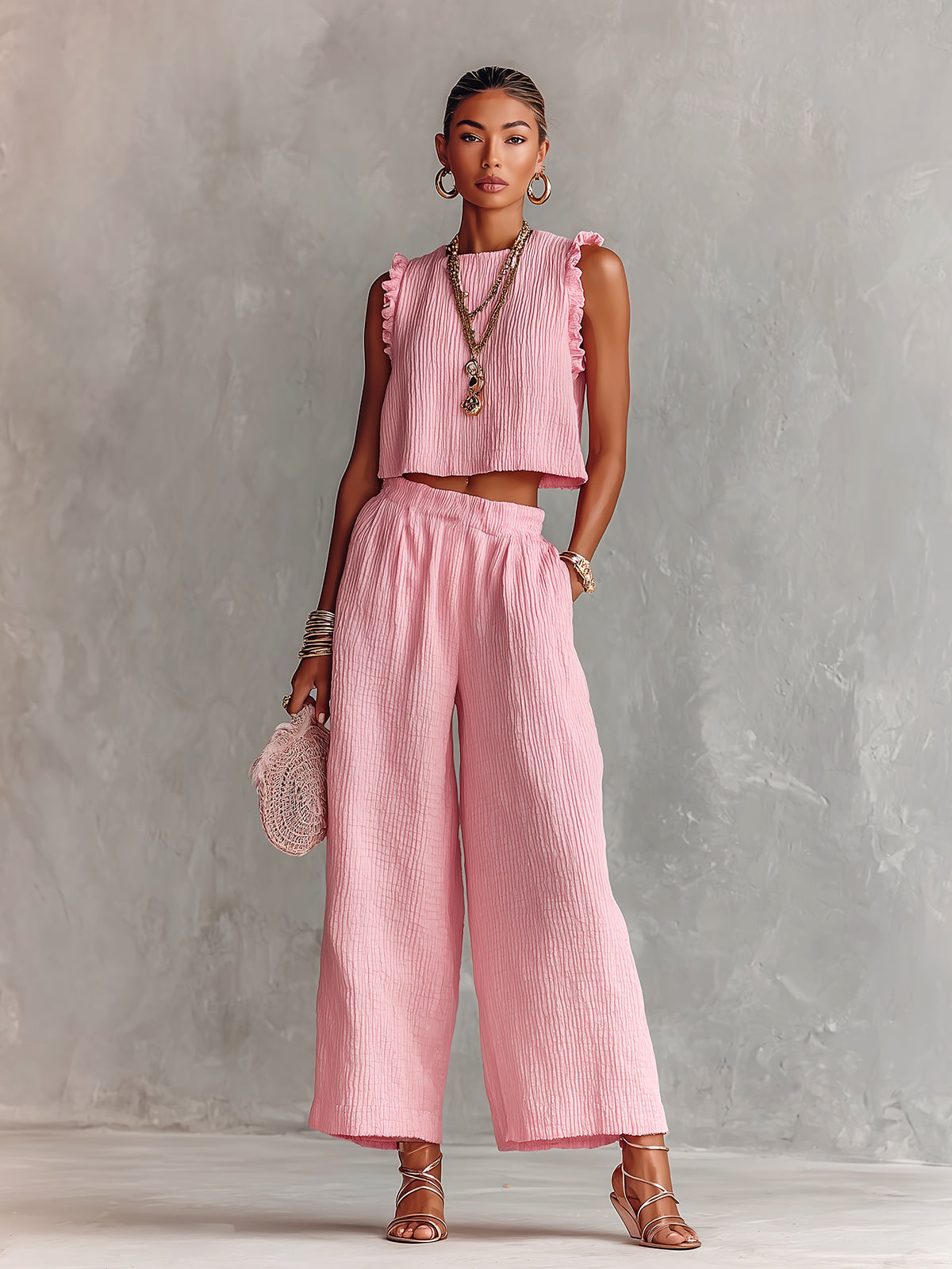 Chic Elegant Pink Textured Cotton Blend Round-Neck Sleeveless Ruffle Detail Vest Wide-Leg Pants Loose-Fit Two-Piece Set
