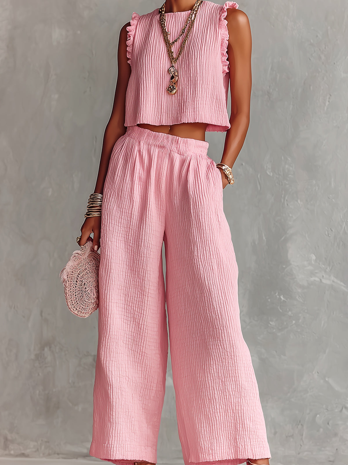 Chic Elegant Pink Textured Cotton Blend Round-Neck Sleeveless Ruffle Detail Vest Wide-Leg Pants Loose-Fit Two-Piece Set