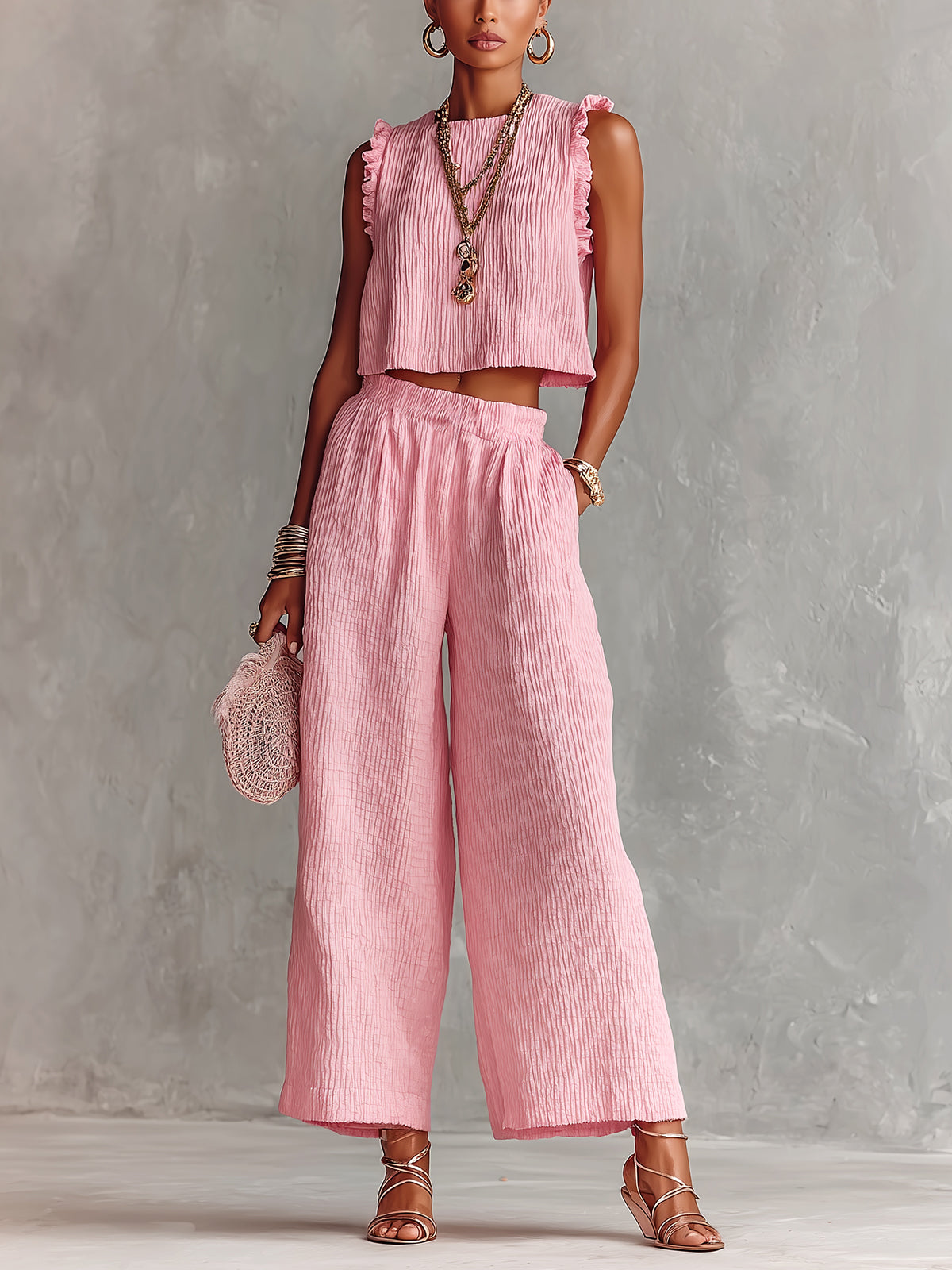 Chic Elegant Pink Textured Cotton Blend Round-Neck Sleeveless Ruffle Detail Vest Wide-Leg Pants Loose-Fit Two-Piece Set
