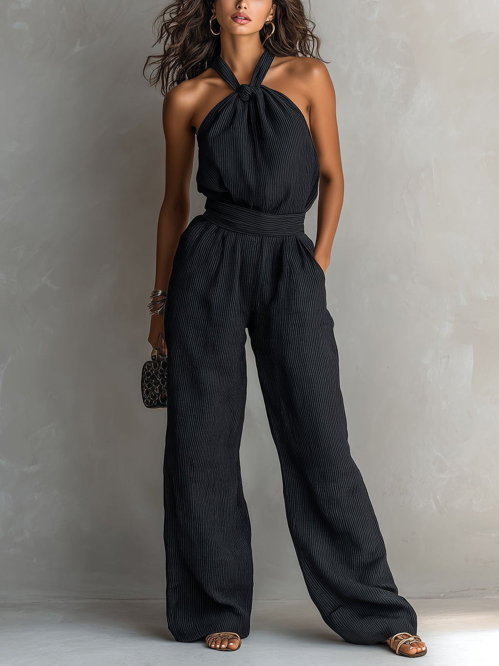 Chic Elegant Black Pinstripes Cotton Blend Halter-Neck Sleeveless Tailored-Waist Wide-Leg Jumpsuit