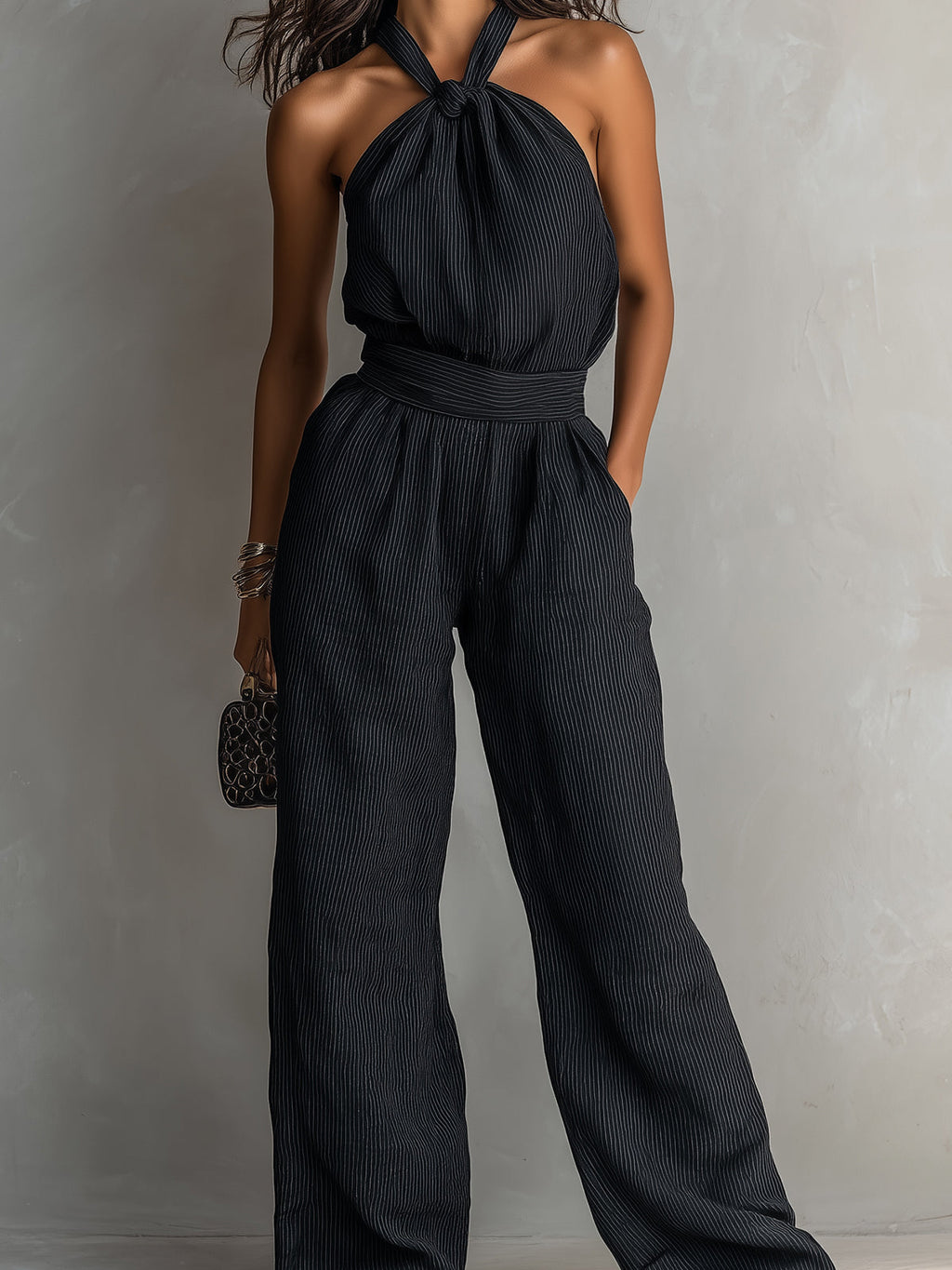 Chic Elegant Black Pinstripes Cotton Blend Halter-Neck Sleeveless Tailored-Waist Wide-Leg Jumpsuit