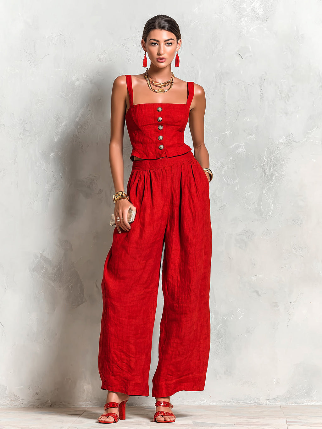 Chic Elegant Red Cotton-Linen Blend Spaghetti-Strap Square-Neck Sleeveless Single-Breasted Vest Wide-Leg Pants Two-Piece Set