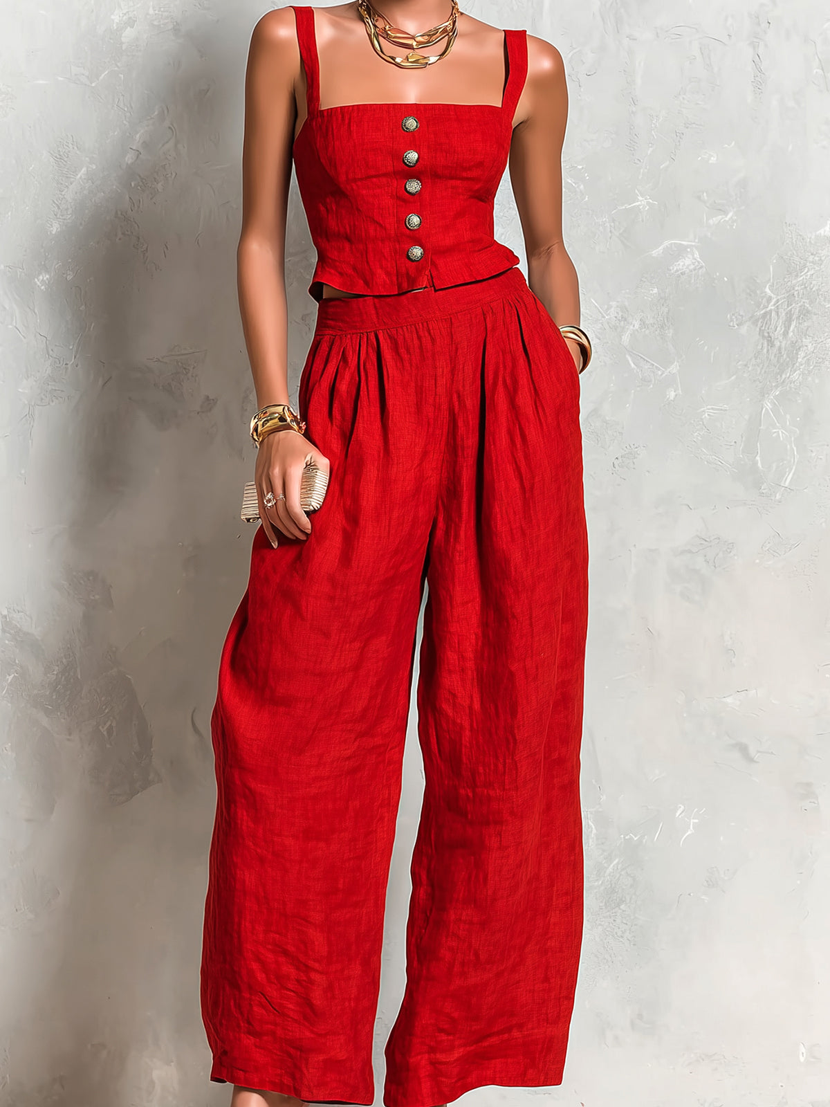 Chic Elegant Red Cotton-Linen Blend Spaghetti-Strap Square-Neck Sleeveless Single-Breasted Vest Wide-Leg Pants Two-Piece Set