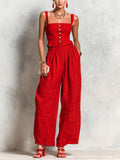 Chic Elegant Red Cotton-Linen Blend Spaghetti-Strap Square-Neck Sleeveless Single-Breasted Vest Wide-Leg Pants Two-Piece Set