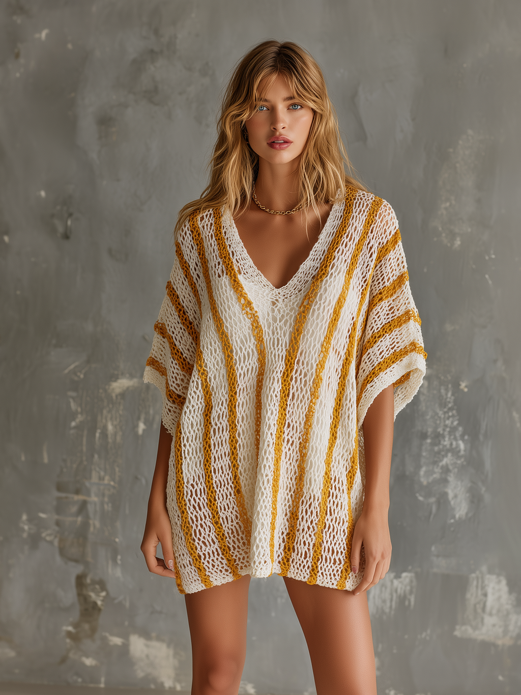 Chic Casual White-Yellow Stripe V-Neck Short-Sleeve Loose-Fit Hollow-Out Knit Mini Dress