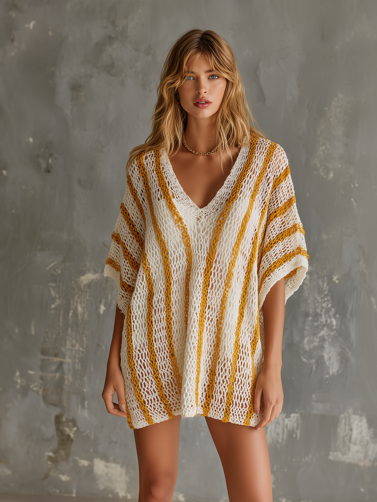 Chic Casual White-Yellow Stripe V-Neck Short-Sleeve Loose-Fit Hollow-Out Knit Mini Dress