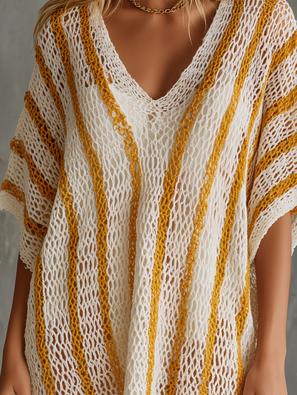 Chic Casual White-Yellow Stripe V-Neck Short-Sleeve Loose-Fit Hollow-Out Knit Mini Dress