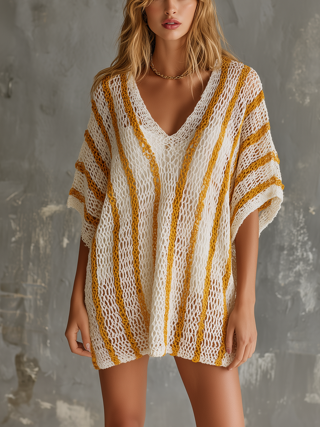 Chic Casual White-Yellow Stripe V-Neck Short-Sleeve Loose-Fit Hollow-Out Knit Mini Dress