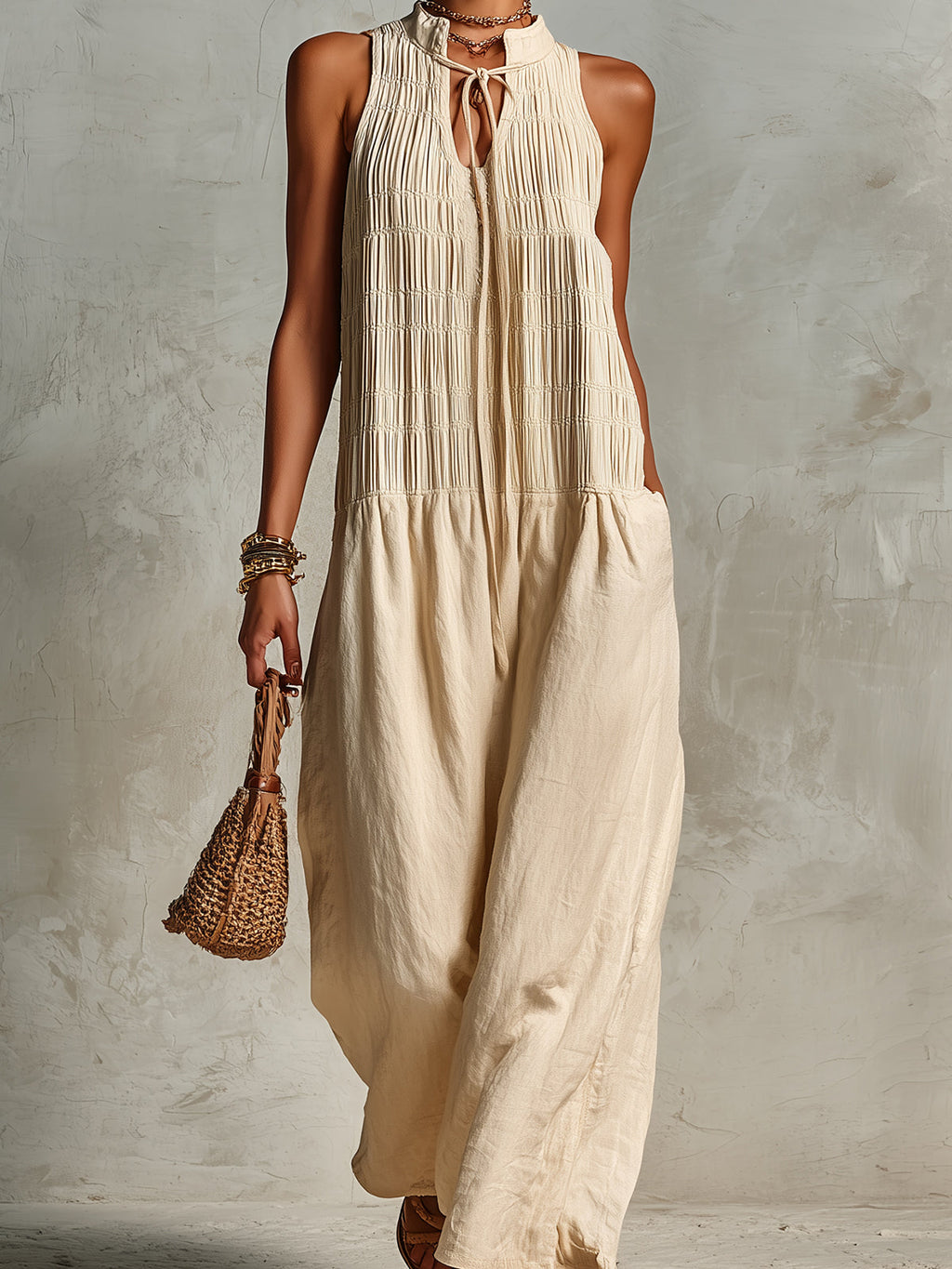 Chic Elegant Beige Cotton-Linen Blend Lace-Up V-Neck Sleeveless Pleats Detail Loose-Fit Wide-Leg Jumpsuit