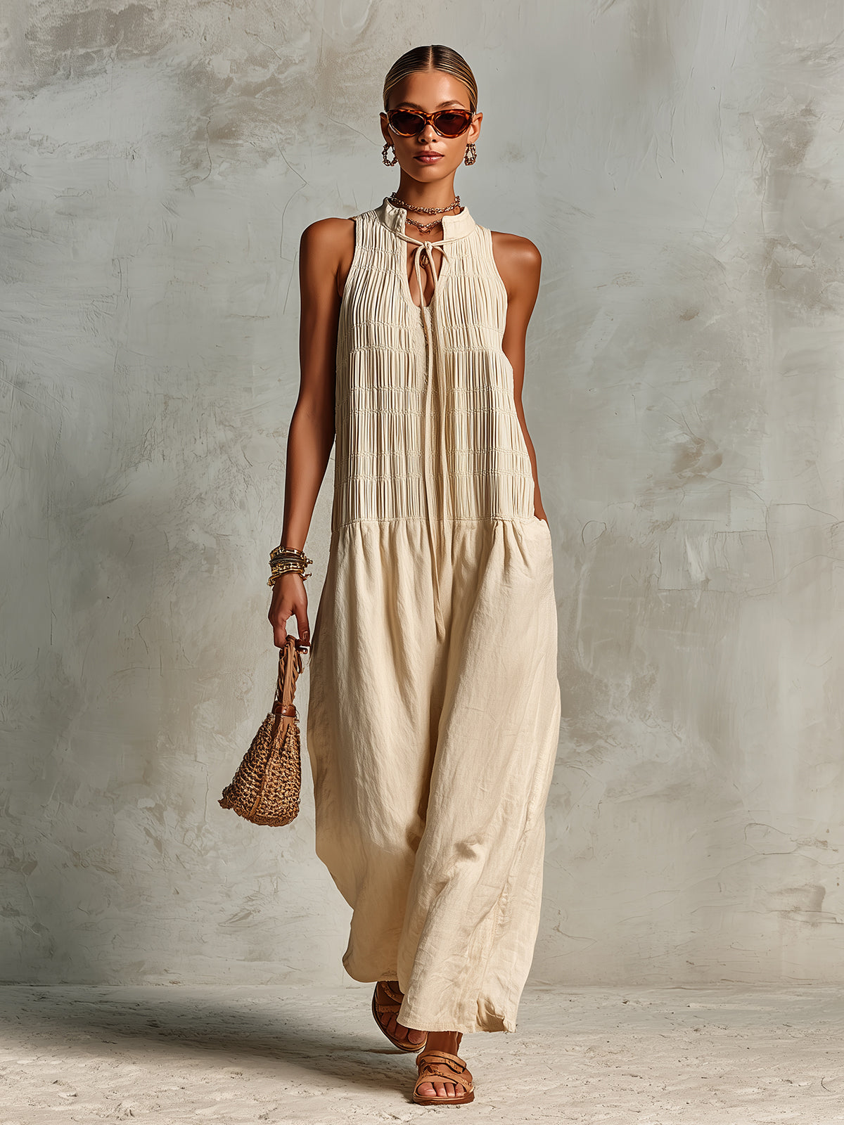 Chic Elegant Beige Cotton-Linen Blend Lace-Up V-Neck Sleeveless Pleats Detail Loose-Fit Wide-Leg Jumpsuit
