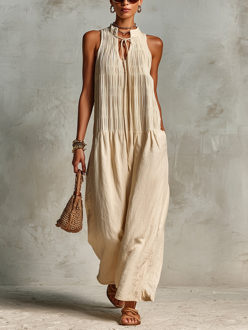Chic Elegant Beige Cotton-Linen Blend Lace-Up V-Neck Sleeveless Pleats Detail Loose-Fit Wide-Leg Jumpsuit
