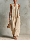 Chic Elegant Beige Cotton-Linen Blend Lace-Up V-Neck Sleeveless Pleats Detail Loose-Fit Wide-Leg Jumpsuit