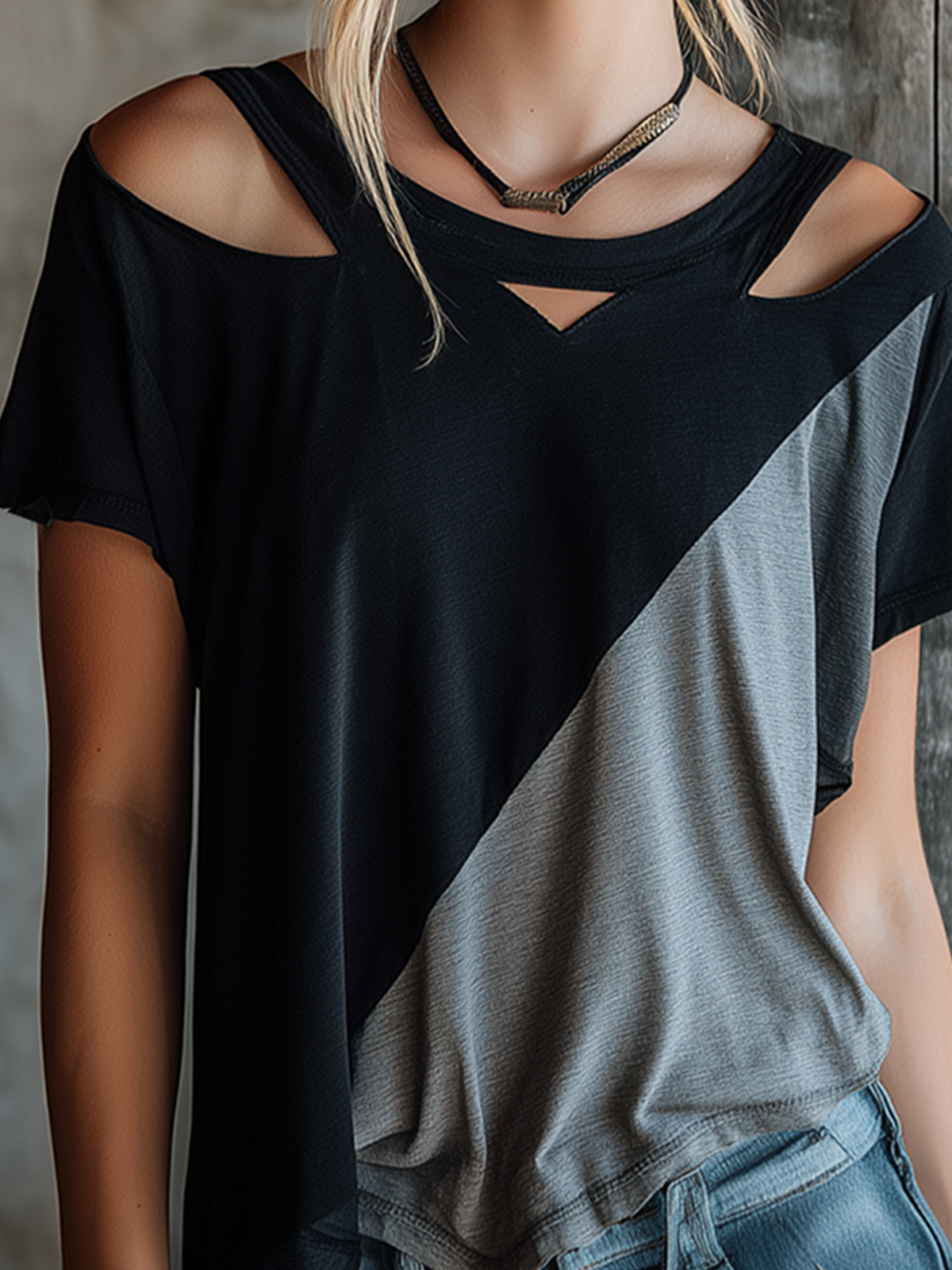 Chic Casual Black-Gray Colorblock Round-Neck Cutout Shoulder Short-Sleeve Oversize Stretchy Cotton Fabric T-Shirt Top