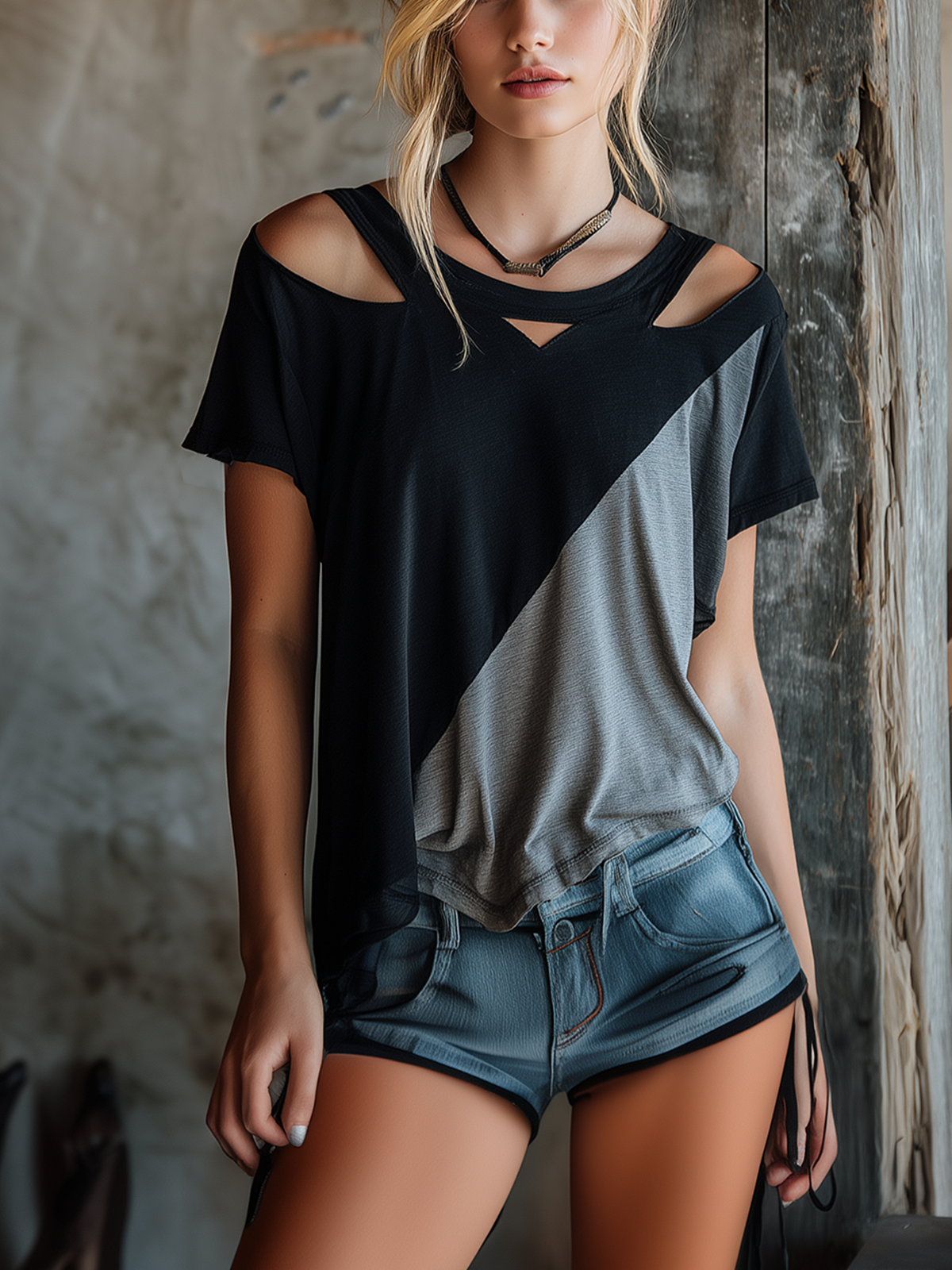 Chic Casual Black-Gray Colorblock Round-Neck Cutout Shoulder Short-Sleeve Oversize Stretchy Cotton Fabric T-Shirt Top
