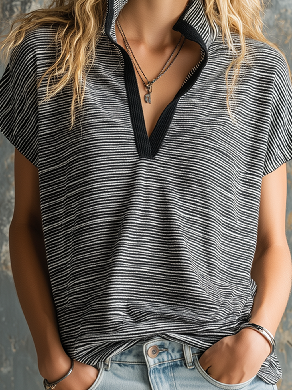 Chic Casual Black-White Stripe Stand-Collar  V-Neck Short-Sleeve Oversize Stretchy Cotton Fabric T-Shirt Top
