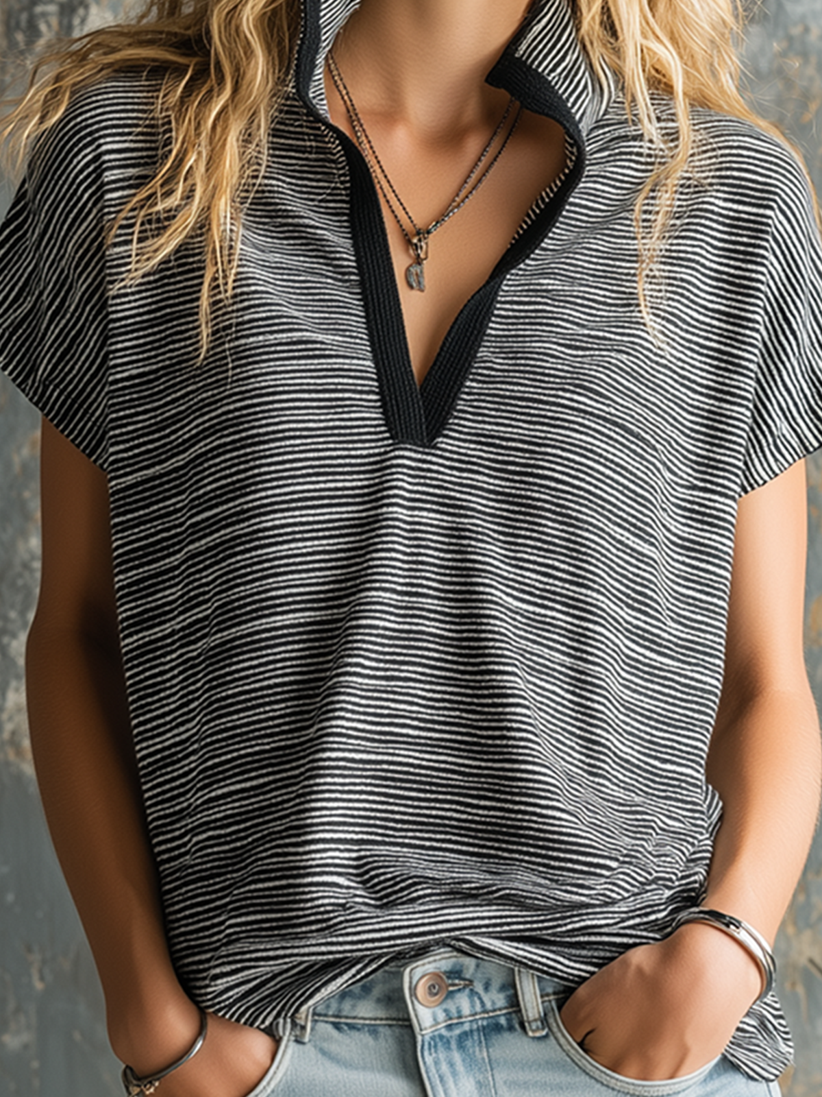 Chic Casual Black-White Stripe Stand-Collar  V-Neck Short-Sleeve Oversize Stretchy Cotton Fabric T-Shirt Top