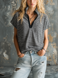 Chic Casual Black-White Stripe Stand-Collar  V-Neck Short-Sleeve Oversize Stretchy Cotton Fabric T-Shirt Top
