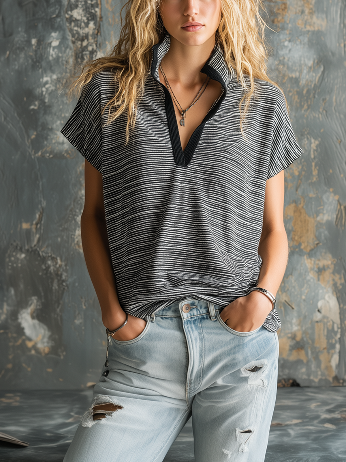 Chic Casual Black-White Stripe Stand-Collar  V-Neck Short-Sleeve Oversize Stretchy Cotton Fabric T-Shirt Top