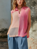 Chic Casual Pink Colorblock Lapel-Collar V-Neck Sleeveless Loose-Fit Mesh Knit Vest Top