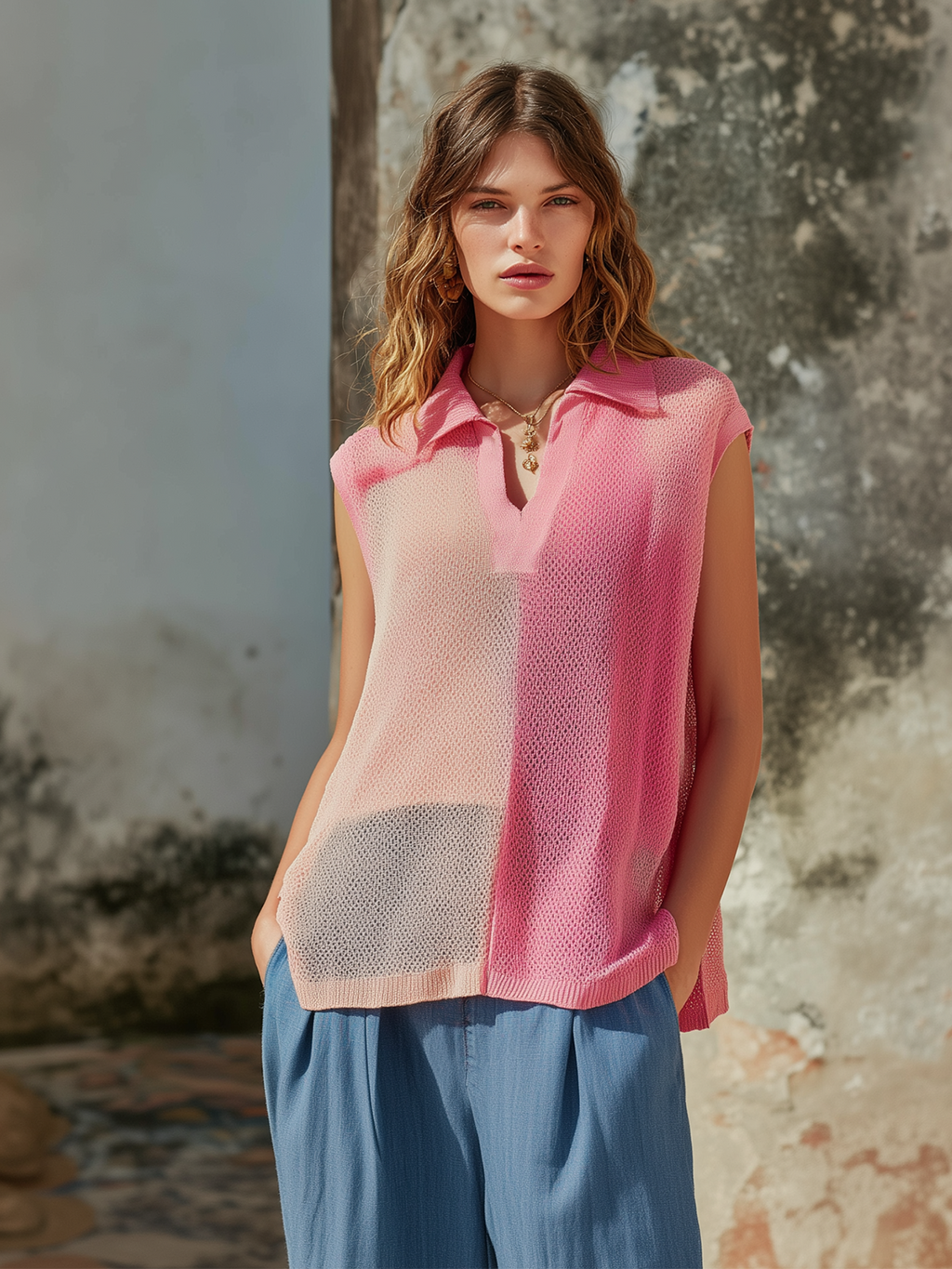 Chic Casual Pink Colorblock Lapel-Collar V-Neck Sleeveless Loose-Fit Mesh Knit Vest Top
