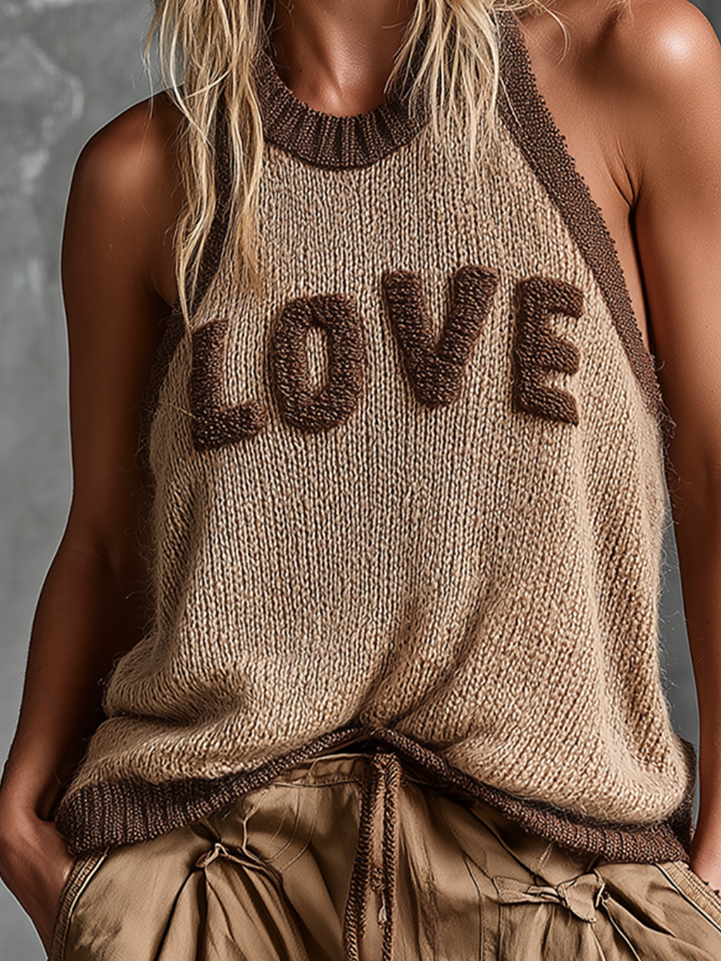 Chic Casual Camel Colorblock Chenille Embroidery Round-Neck Sleeveless Loose-Fit Knit Tank Top
