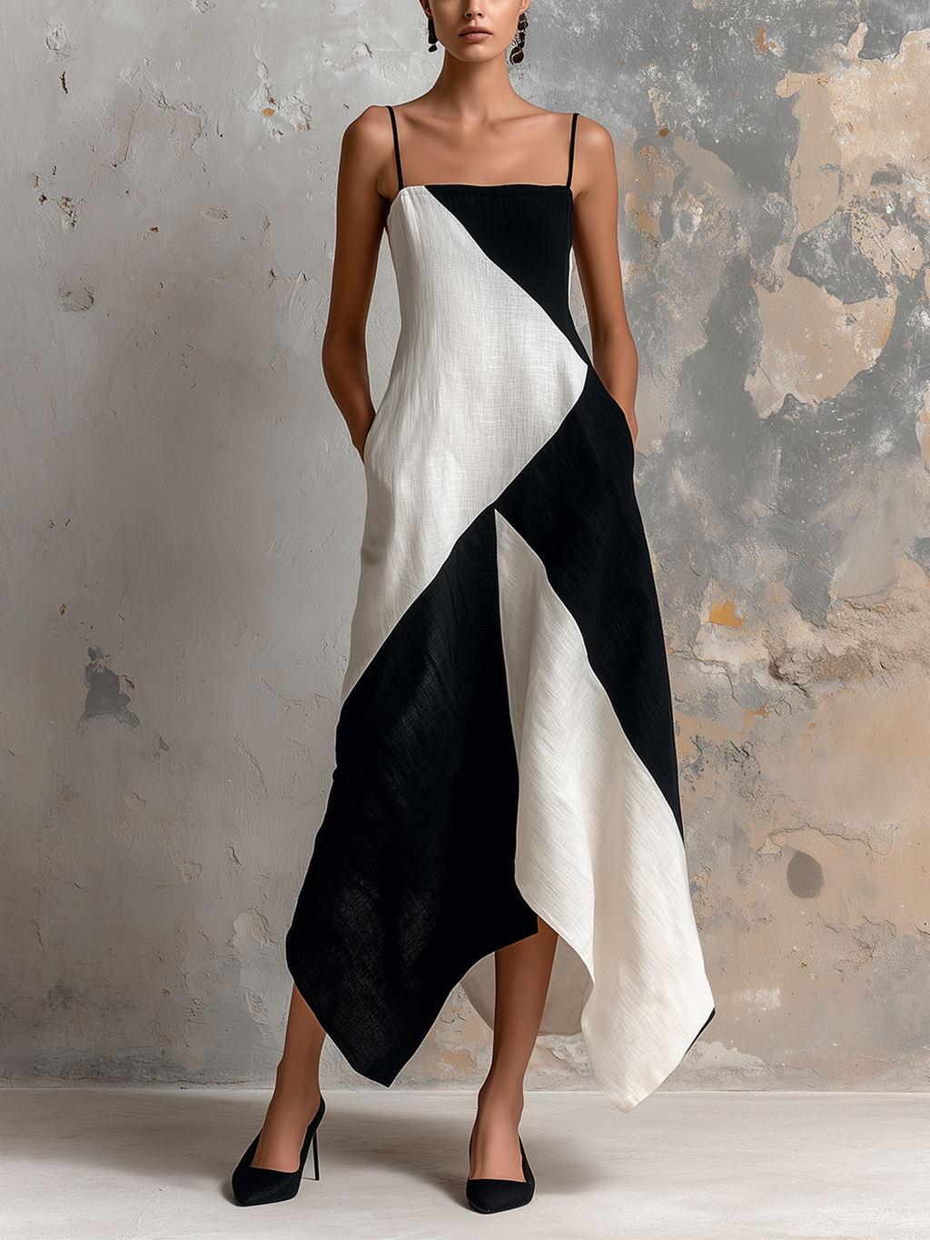Chic Elegaht White-Black Colorblock Spaghetti Straps Sleeveless A-Line Asymmetric Hem Cotton-Linen Blend Midi Dress