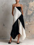 Chic Elegaht White-Black Colorblock Spaghetti Straps Sleeveless A-Line Asymmetric Hem Cotton-Linen Blend Midi Dress