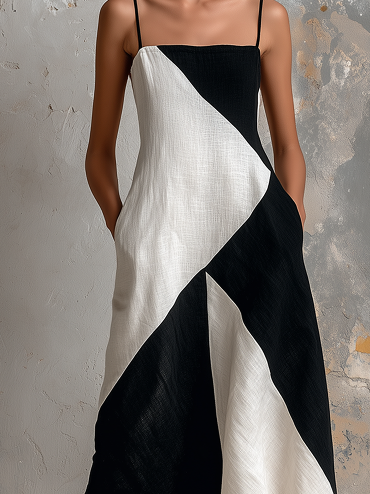 Chic Elegaht White-Black Colorblock Spaghetti Straps Sleeveless A-Line Asymmetric Hem Cotton-Linen Blend Midi Dress