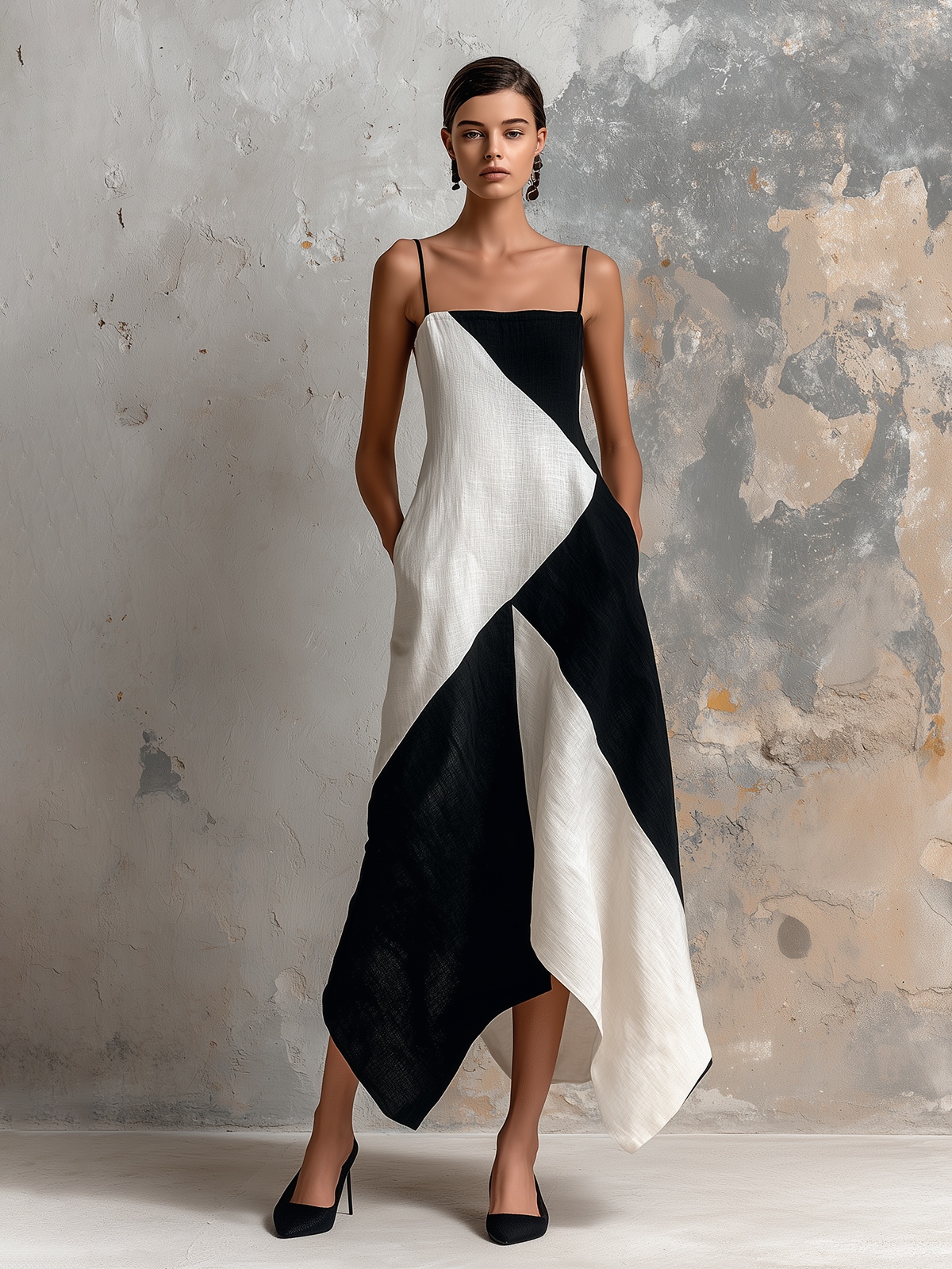 Chic Elegaht White-Black Colorblock Spaghetti Straps Sleeveless A-Line Asymmetric Hem Cotton-Linen Blend Midi Dress