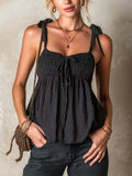 Chic Elegant Black Pinstripes Shoulder Straps Square-Neck Sleeveless Shirring Detail Slim-Fit Tank Top
