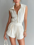 Chic Elegant Cream White Pleats Cotton Blend Lapel Collar Zipper-Front Sleeveless Vest Wide-Leg Shorts Two-Piece Set