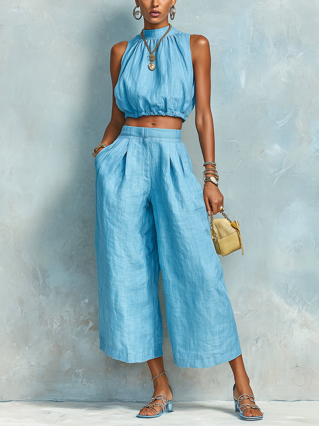 Chic Elegant Blue Cotton-Linen Blend Round-Neck Sleeveless Cropped Top Wide-Leg Pants Loose-Fit Two-Piece Set