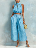 Chic Elegant Blue Cotton-Linen Blend Round-Neck Sleeveless Cropped Top Wide-Leg Pants Loose-Fit Two-Piece Set