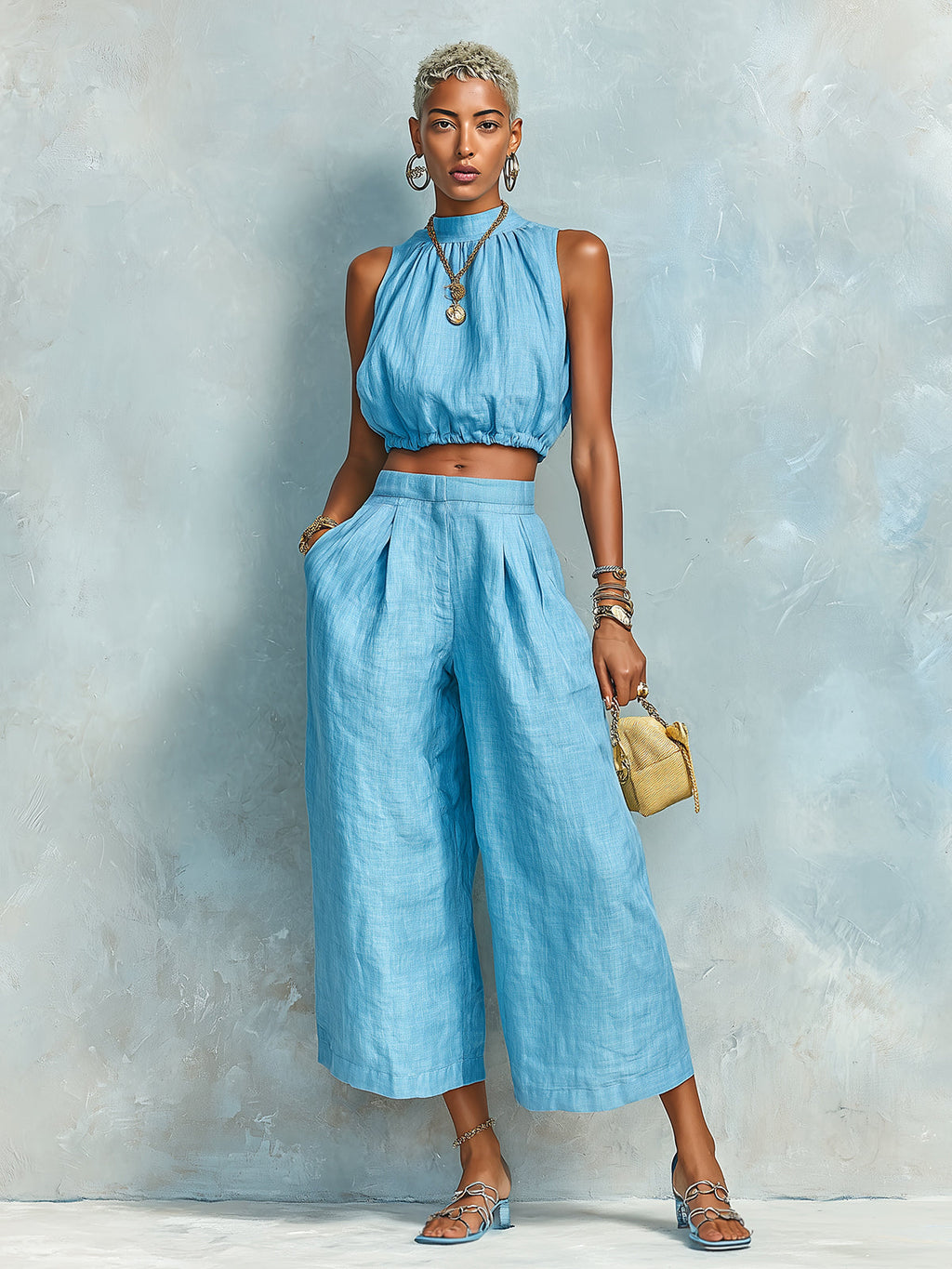 Chic Elegant Blue Cotton-Linen Blend Round-Neck Sleeveless Cropped Top Wide-Leg Pants Loose-Fit Two-Piece Set