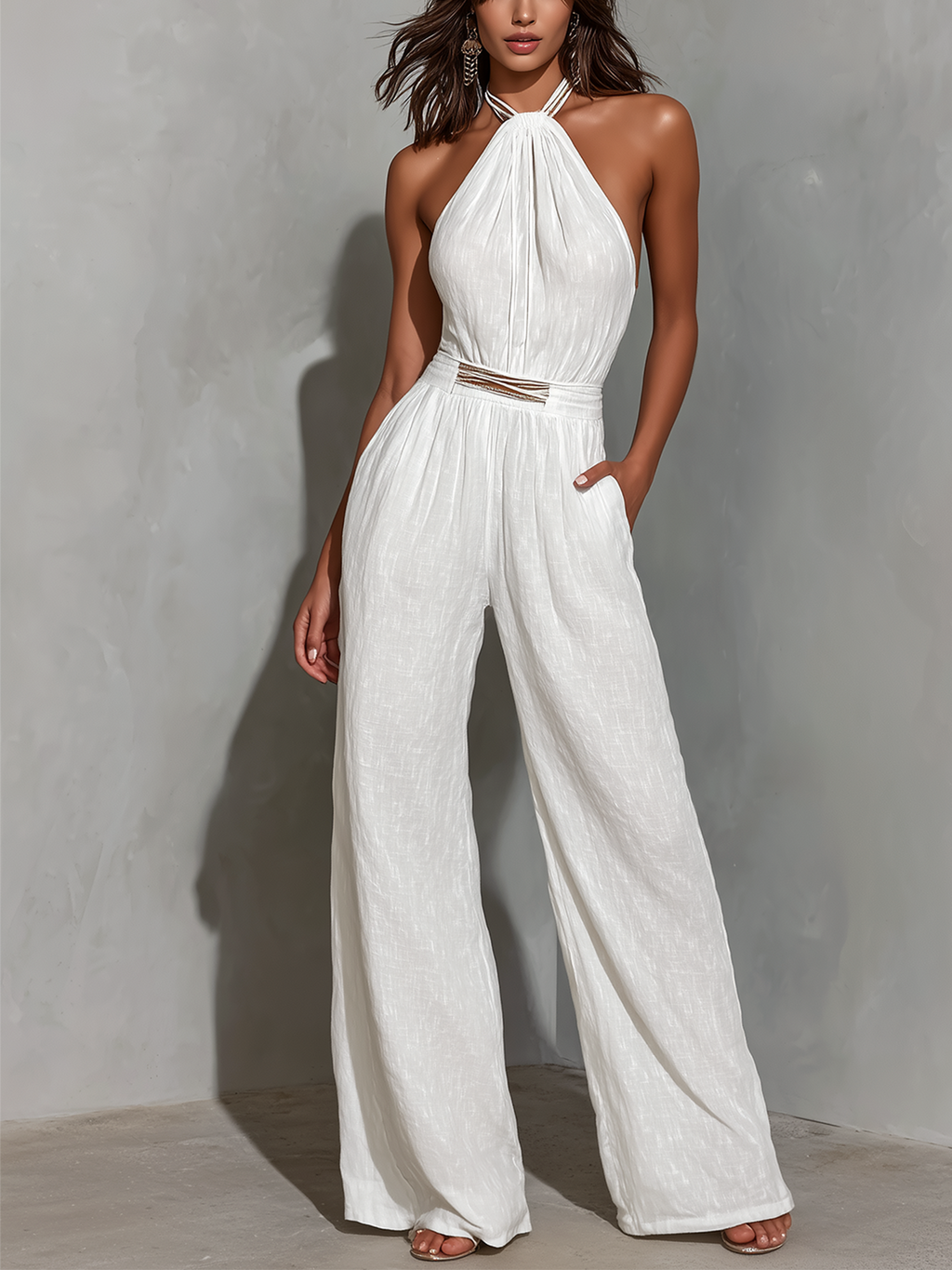 Chic Elegant White Halter-Neck Sleeveless Tailored-Waist Cotton-Linen Blend Wide-Leg Jumpsuit