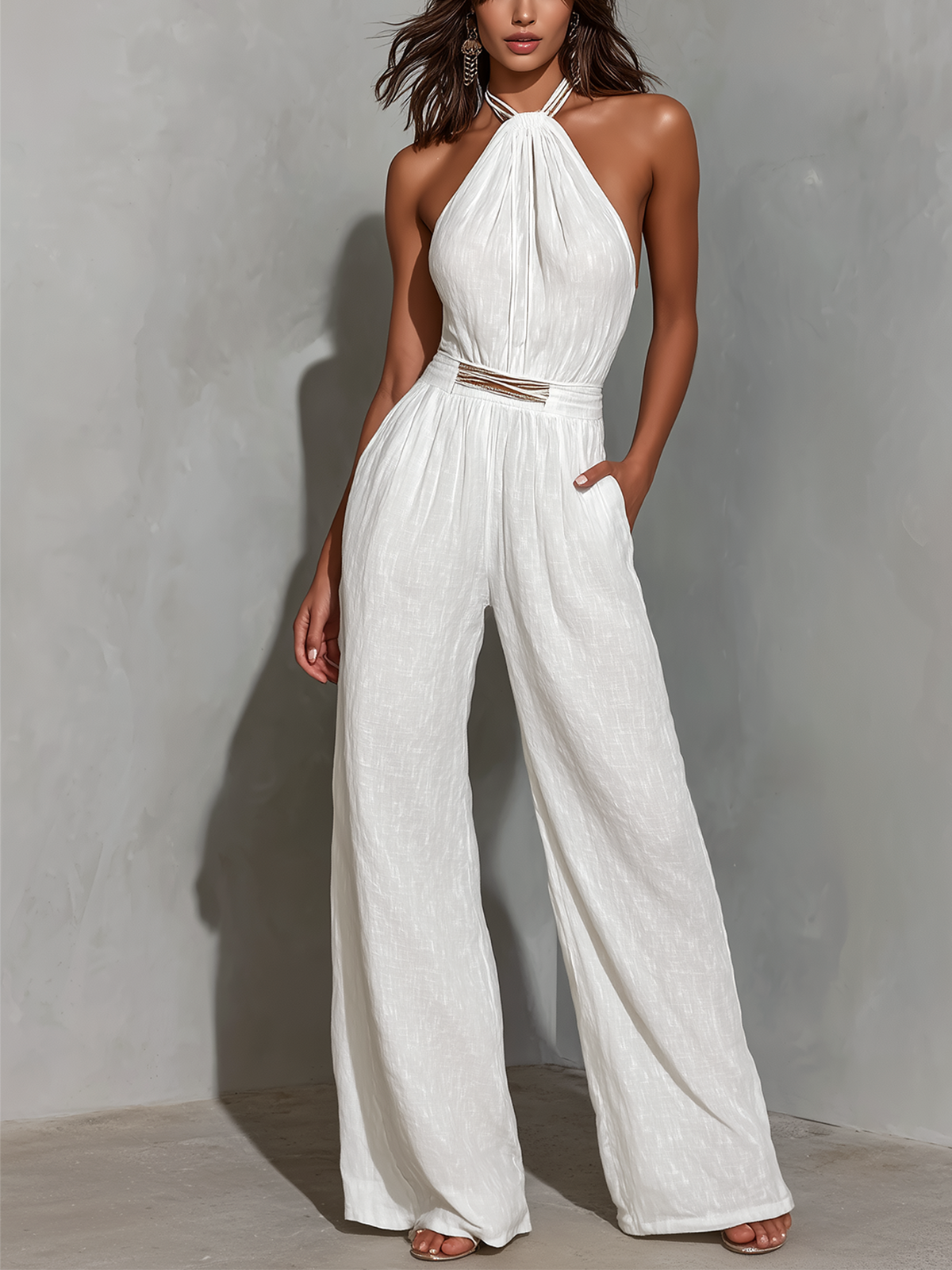 Chic Elegant White Halter-Neck Sleeveless Tailored-Waist Cotton-Linen Blend Wide-Leg Jumpsuit
