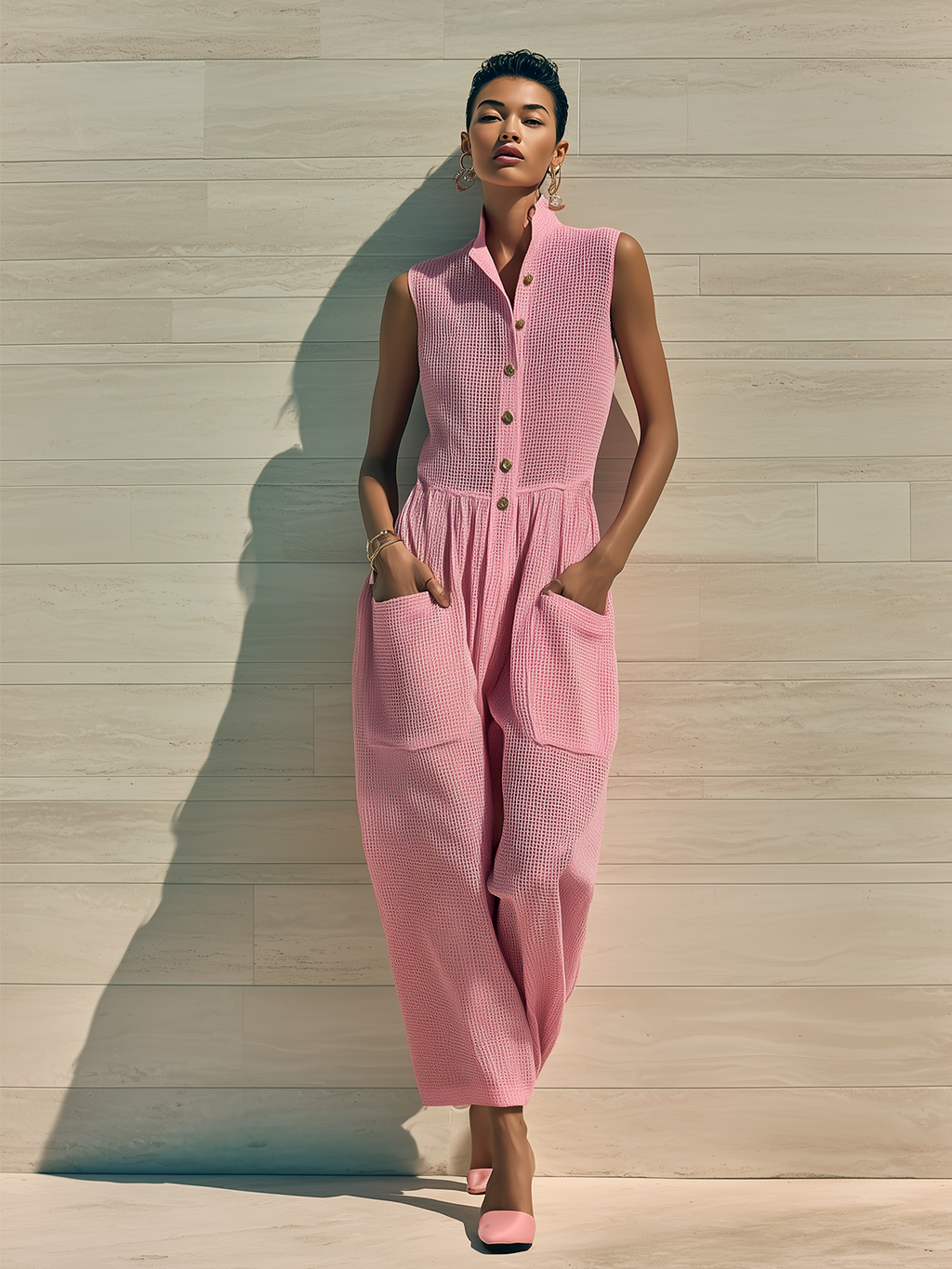 Chic Elegant Pink Stand-Collar Button-Up Sleeveless Patch Pockets Wide-Leg Mesh Knit Jumpsuit