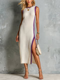Chic Elegant Cream White Round-Neck Sleeveless Purple Trim Detail Tailored-Waist Slim-Fit Side-Slit Knit Midi Dress