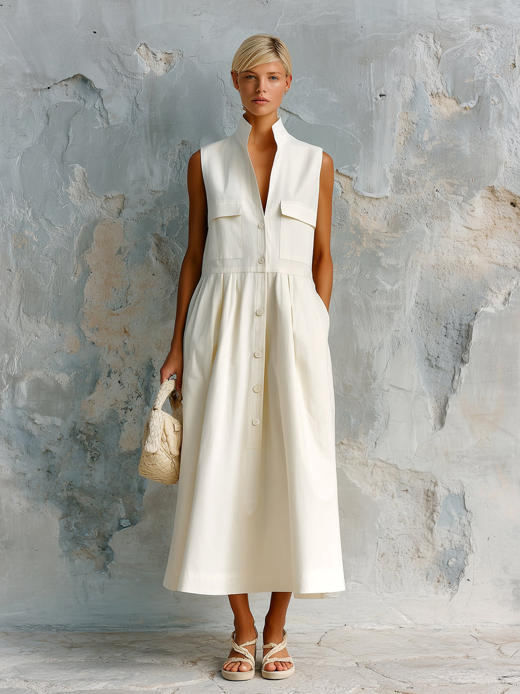 Chic Elegant Cream White Cotton Blend Stand Collar Button-Front Sleeveless Multi-Pocket Loose-Fit Midi Dress