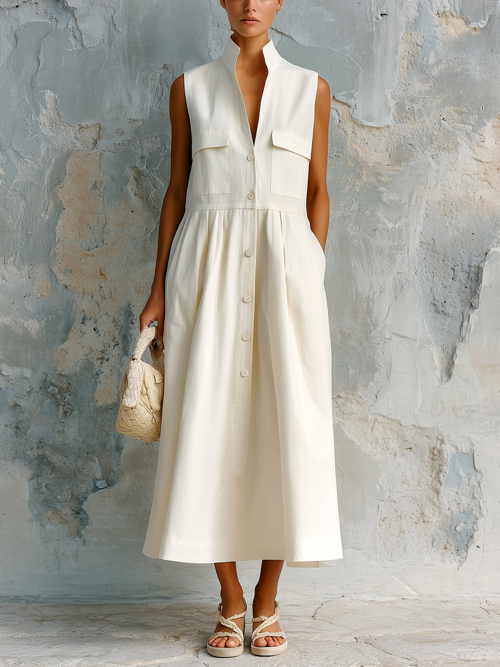 Chic Elegant Cream White Cotton Blend Stand Collar Button-Front Sleeveless Multi-Pocket Loose-Fit Midi Dress