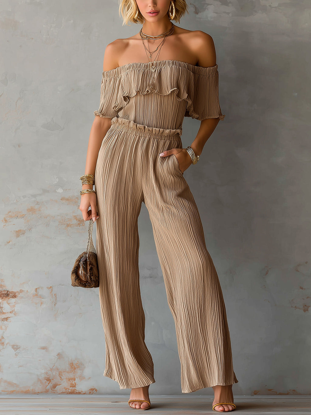 Chic Elegant Camel Pleated Chiffon Off-The-Shoulder  Short-Sleeve Elastic-Waist Wide-Leg Jumpsuit