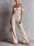 Chic Elegant Beige Cotton Blend Off-The-Shoulder Strappy Pleats Detail Elastic-Waist Slim-Fit Straight-Leg Jumpsuit