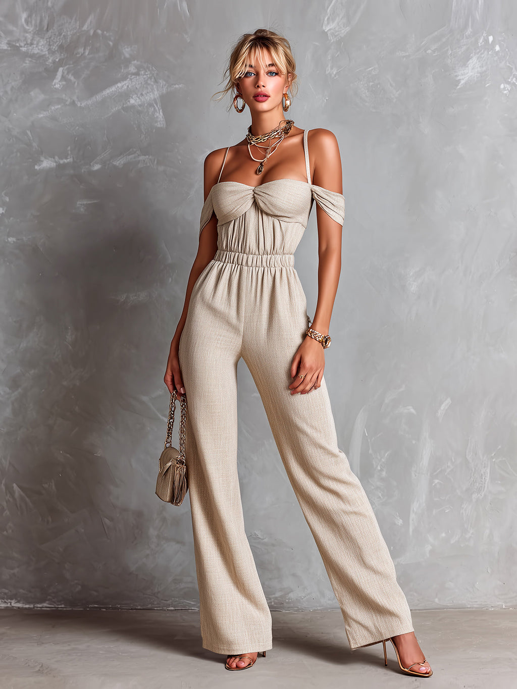 Chic Elegant Beige Cotton Blend Off-The-Shoulder Strappy Pleats Detail Elastic-Waist Slim-Fit Straight-Leg Jumpsuit