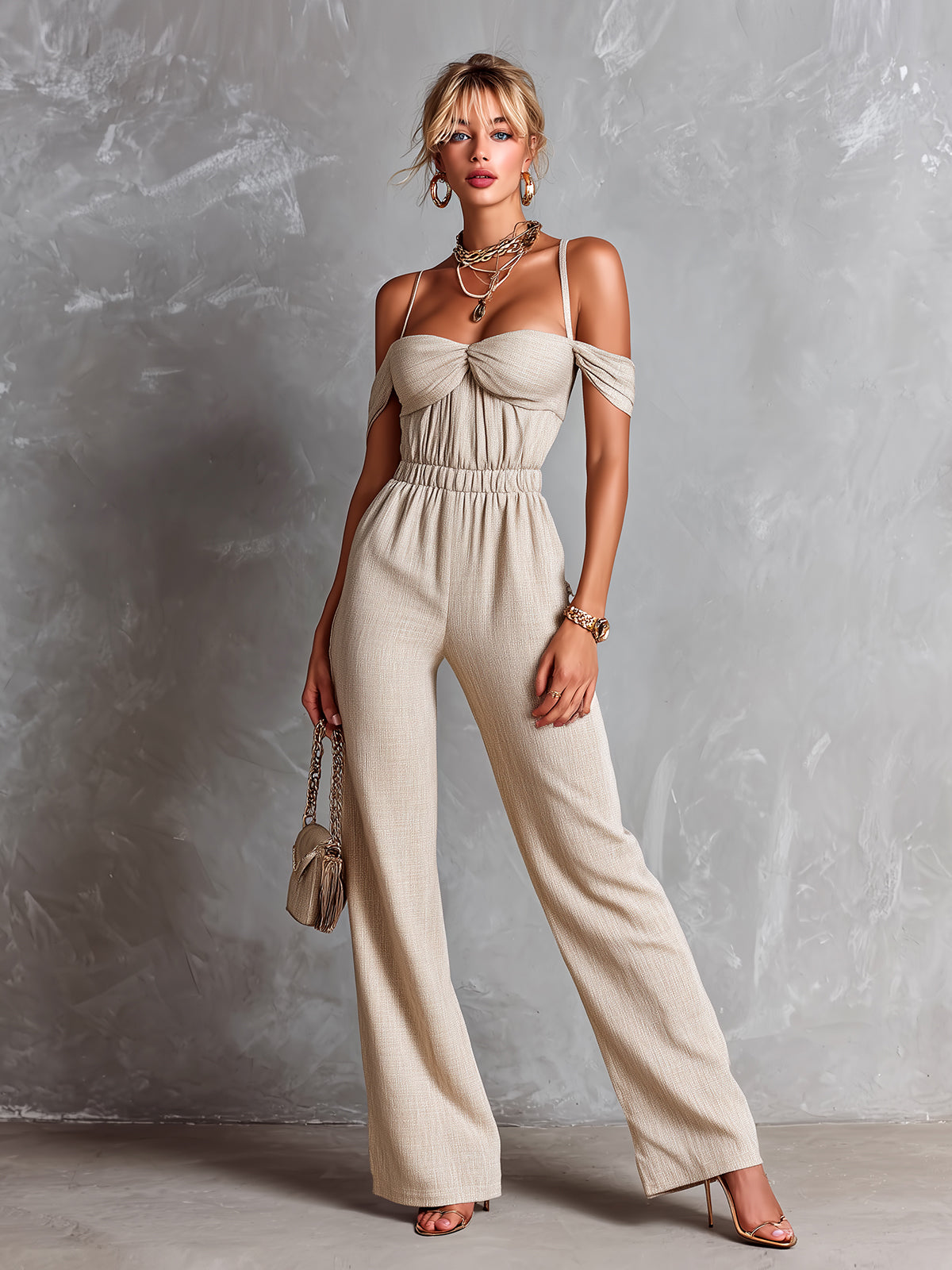 Chic Elegant Beige Cotton Blend Off-The-Shoulder Strappy Pleats Detail Elastic-Waist Slim-Fit Straight-Leg Jumpsuit
