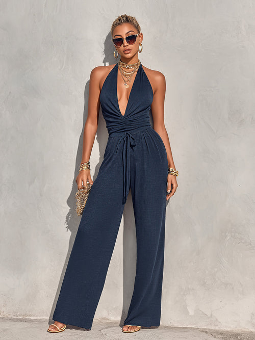 Chic Elegant Navy Blue Cotton Blend Halter V-Neck Sleeveless Pleats Detail Top Drawstring-Waist Wide-Leg Pants Rib Two-Piece Set